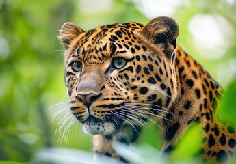 Fototapeta premium Majestic close-up of a wild leopard observing its surroundings in the lush green tropical rainforest habitat with vibrant foliage and detailed fur patterns