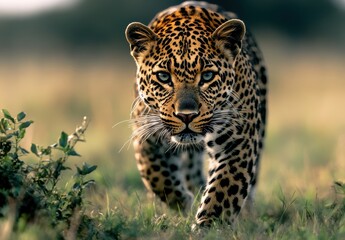 Majestic Close-up of a Wild Leopard Walking Through Grassland in Nature, Showcasing Stunning Spots, Intense Gaze, and Graceful Movement in Bright Daylight