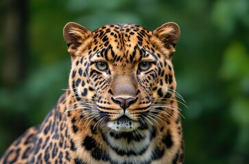 Obraz premium Majestic Close-Up of a Wild Leopard with Distinctive Spots Against a Lush Green Background in Natural Habitat