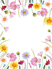 Frame with meadow flowers. Watercolor illustration