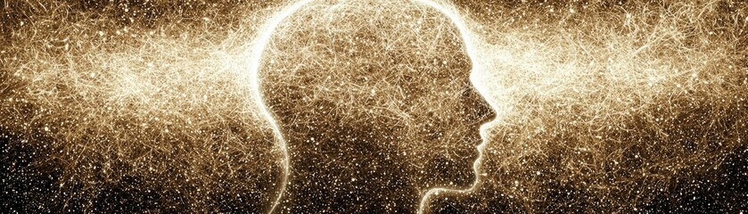 Human head in profile overlaid with an abstract cloud or fog of particles
