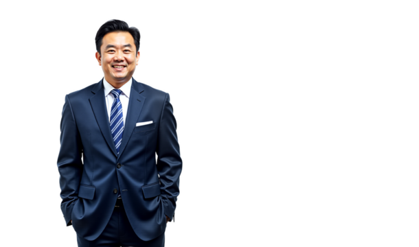 Confident Asian businessman portrait in suit, professional headshot isolated on transparent background. Ideal for corporate website, business profile, leadership, finance, and consulting.