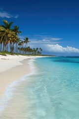 Fototapeta premium Serene Tropical Beach Paradise: Palm Trees, Azure Waters, and Pristine Sands