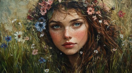 A beautiful woman with flowers in her hair gazes intently ahead