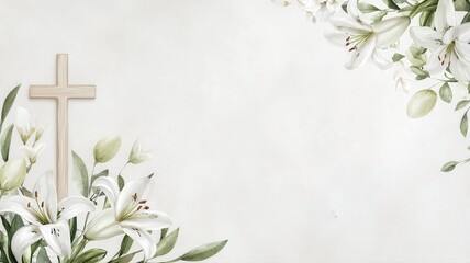 Clean, subtle design featuring a cross and white lilies on a light background, perfect for Easter Mass invitations, church bulletins, or spiritual spring-themed announcements.
