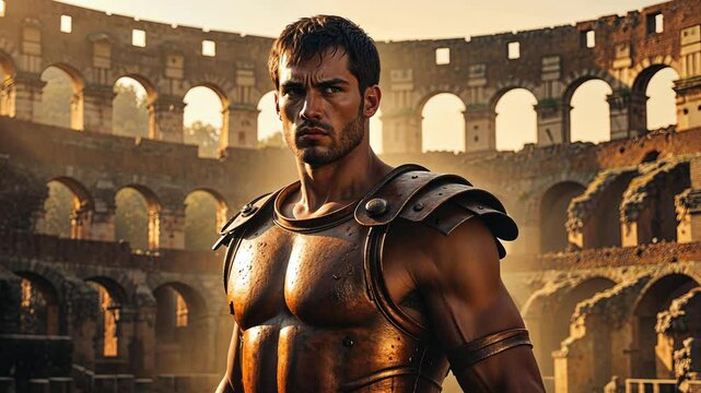 A Heroic Gladiator fighting valiantly in the grand Colosseum arena