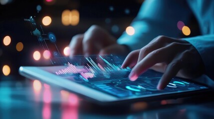 Person Analyzing Data on a Futuristic Tablet with Holographic Interface Showing Charts and Graphs