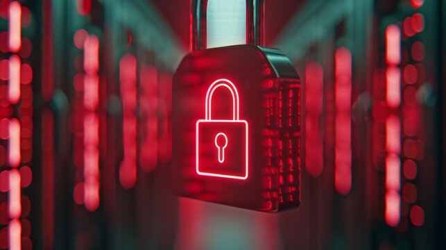 A secure server room with holographic encryption symbols. Clear composition with no excessive blur.