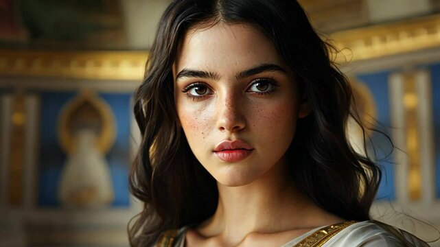 ancient roman woman wearing traditional dress at luxurious mansion	
