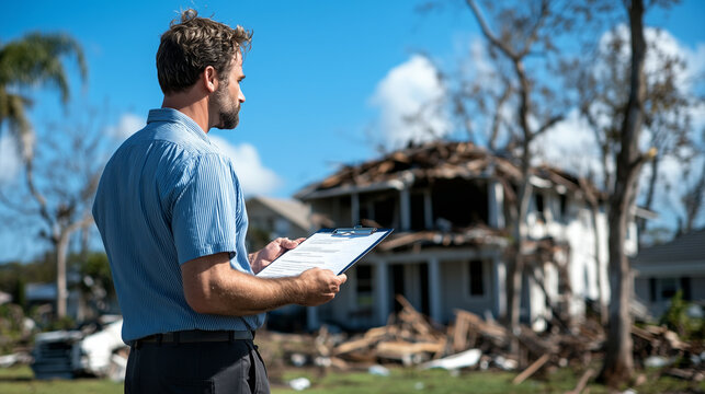 An insurance adjuster standing in front of a hurricane-damaged house, clipboard in hand, assessing the destruction of a roofless suburban home.