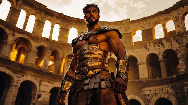 An Epic Gladiator Faces Off in a Dramatic Arena with Sunlight Backdrop