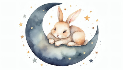 Cute Watercolor Bunny Sleeping on a Crescent Moon with a Dreamy and Soft Aesthetic