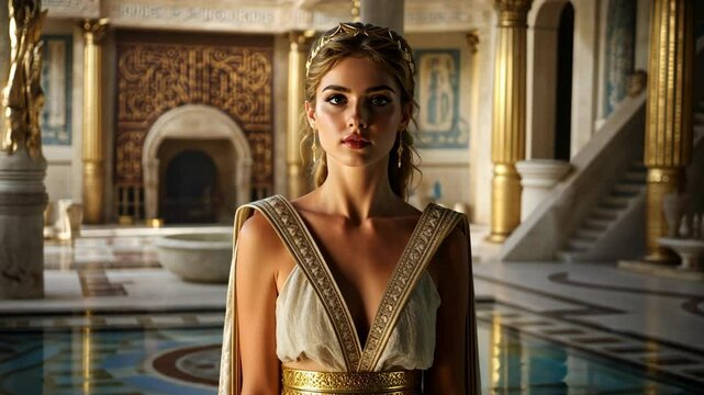 ancient roman woman wearing traditional dress at luxurious mansion	
