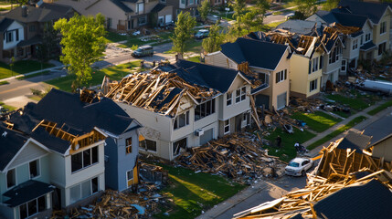A devastated residential area with roofs torn off multiple houses, while residents inspect the wreckage, emphasizing the role of home insurance in rebuilding.