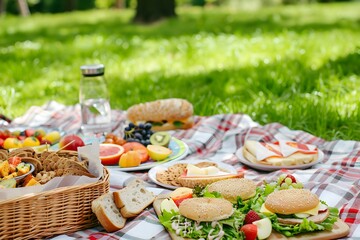 A beautiful picnic spread with a variety of delicious dishes laid out in a sunny park setting.