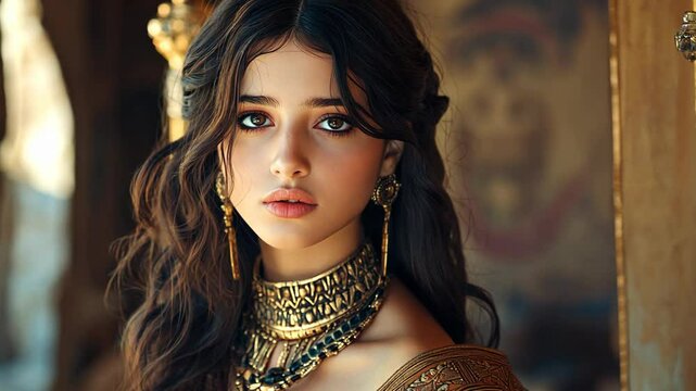 ancient Israeli woman at old time, beautiful girl wearing luxurious dress at castle, idea for resemble Ester in bible story