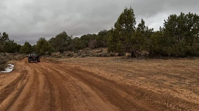Utah riding desert red sandy trail recreation 1 4K. Recreation off road, nature exploring. Desert mountain canyon valley trail ride area. Rocky, forest, desert hill, river crossings.