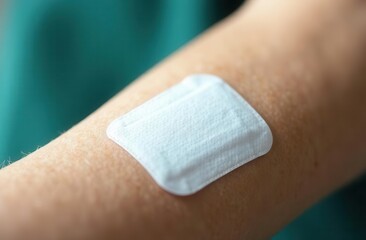 Close-up of adhesive bandage on skin: medical care and healing