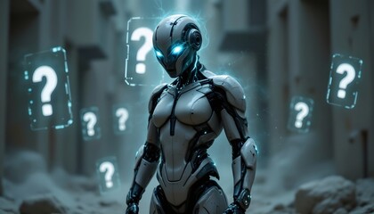 Naklejka premium A futuristic cyborg with metallic limbs and glowing eyes, is seen standing against a blurred background