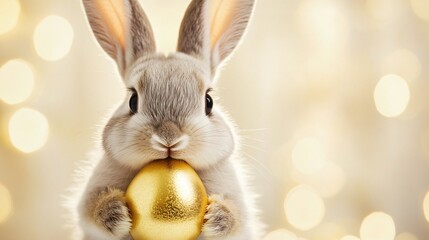 Obraz premium A bunny holding a golden egg in its paws, isolated with a minimal, soft-focus backdrop