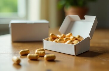 Open box of yellow capsules on wooden table in warm natural light