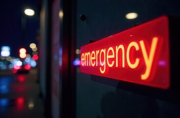 Illuminated emergency sign at night on city street