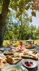 Outdoor picnic on a big wooden table surrounded by nature, featuring a spread of food and drinks.