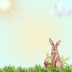 Fototapeta premium Easter bunny sitting in grass with basket of eggs and flowers