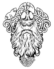 Illustration of a bearded Viking against a beard ornament background in tattoo and print Line work style, created in vector graphics on a transparent, isolated clipart background in vector format.