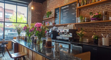 Fototapeta premium A cozy coffee shop interior with wooden shelves, a chalkboard menu on the wall displaying various drink options like 