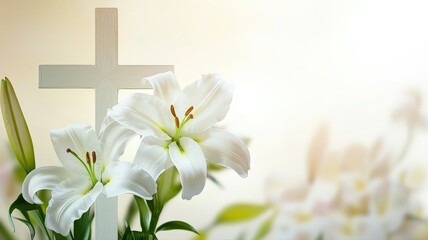 Clean, subtle design featuring a cross and white lilies on a light background, perfect for Easter Mass invitations, church bulletins, or spiritual spring-themed announcements.
