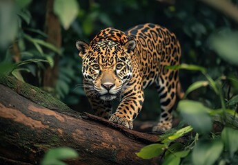Majestic Jaguar Move Through Dense Jungle Habitat with Lush Greenery and Dramatic Lighting, Capturing the Essence of Wildlife in the Rainforest