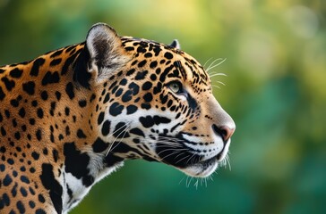 Fototapeta premium Majestic Jaguar Portrait Captured in Nature, Showcasing Striking Spots Against Lush Green Background, Symbol of Strength and Beauty in Wildlife