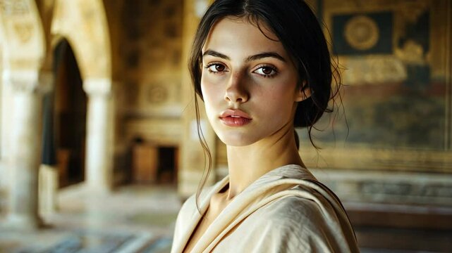 ancient Israeli woman at old time, beautiful girl wearing white sack clothes with gentle smile , idea for resemble Prophetess Deborah in bible story
