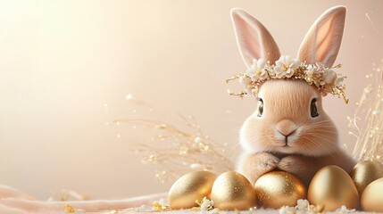 A joyful rabbit wearing a tiny floral crown, sitting next to a pile of golden Easter eggs on a soft gradient background