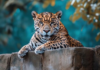 Naklejka premium Majestic Jaguar Relaxing on a Stone Wall Surrounded by Lush Greenery with a Soft Focus Background, Showcasing Its Beautiful Spots and Intense Gaze