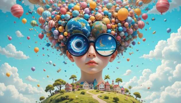 Child Wearing Fantasy Glasses Surrounded by Balloons and World Imagery