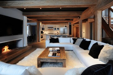 Fototapeta premium the living room in an opulent, modern rustic style, featuring white sofas with black throw pillows and fluffy beige carpeting under wooden coffee tables facing a flat-screen TV on grey walls.
