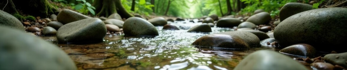 Smooth river stones scattered on the forest floor, trees, earthy