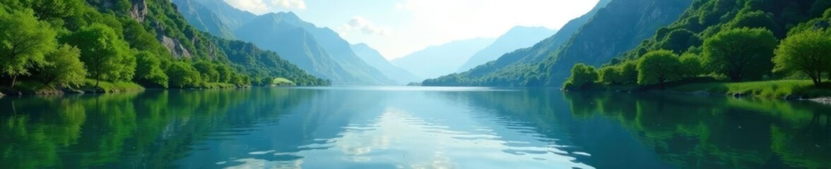 Obraz premium Smooth silk ripples on a river surface with lush greenery and majestic mountains in the background,, calmness