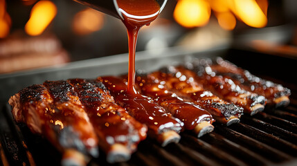 A slow-motion shot of thick BBQ sauce being poured over sizzling ribs, the rich, glossy liquid cascading down the tender meat, amplifying the visual appeal of barbecue perfection.