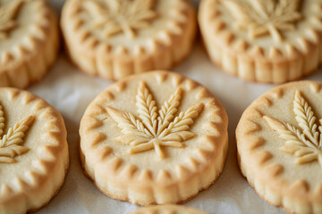 Close up of Cannabis cookies with hemp leaves