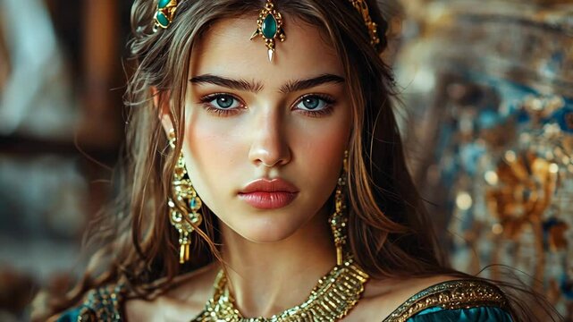 ancient Israeli woman at old time, beautiful girl wearing luxurious dress at castle, idea for resemble Ester in bible story