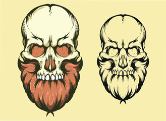 Illustration of a bearded skull in tattoo and print style, crafted in a vibrant vector graphics style, on a transparent isolated clipart background in vector format for design.