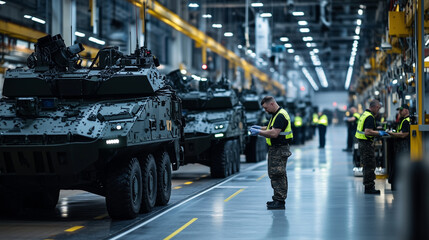 Massive armored vehicles being inspected on a production line, with workers applying final checks to the armor plating, showcasing the strength and precision of military manufactur