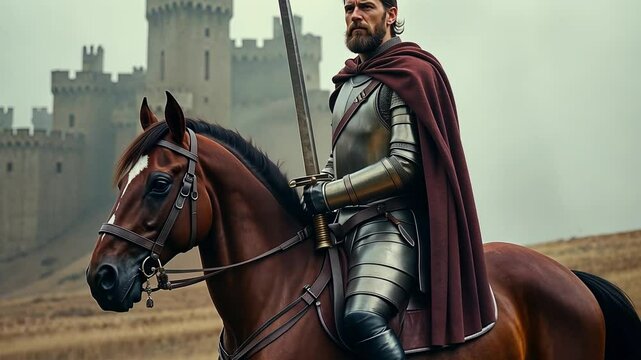 A brave and valiant knight on horseback stands proudly before a majestic castle