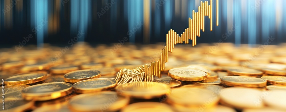 Poster golden coins with rising graph trend on a blurred background