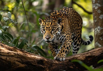 Majestic Jaguar Stealthily Walking Through Lush Tropical Jungle with Dense Foliage and Sunlight Creating a Vibrant Natural Habitat Scene