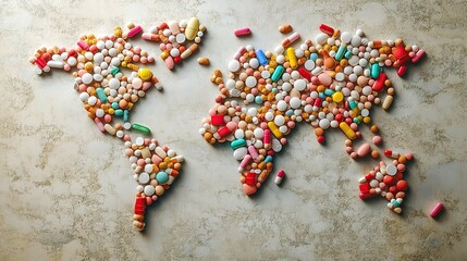 World Map Made of Colorful Pills and Capsules