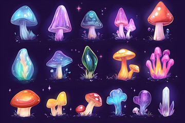 Colorful glowing mushrooms in fantasy setting.  Possible use  children's book illustration